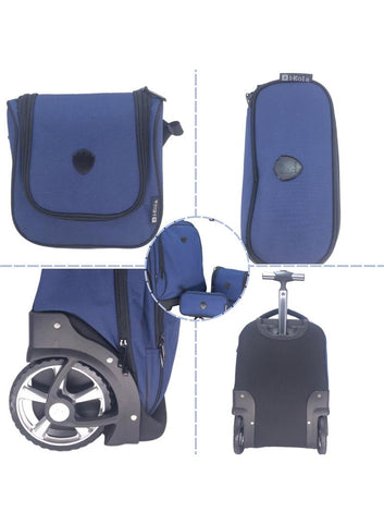 i-kola 3pcs Solid Blue Kids Rolling School Bag Set – School Trolley Bag with Lunch Bag & Pencil Case | 18″ Kid Luggage Bag with Wheels (E539A-18BS3)