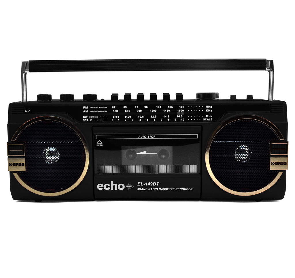 Echo Audio  Retro Blast Bluetooth Boombox Portable Cassette Player Tape Recorder 3 Band Radio Voice Recorder Headphone Jack Supports USB and SD Cards  Black
