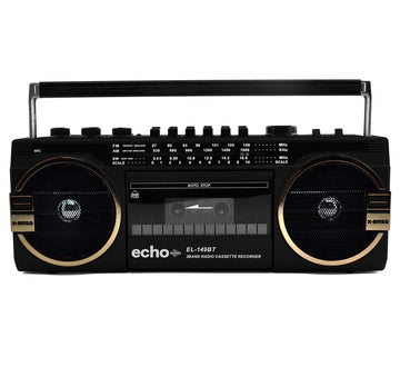 Echo Audio  Retro Blast Bluetooth Boombox Portable Cassette Player Tape Recorder 3 Band Radio Voice Recorder Headphone Jack Supports USB and SD Cards  Black