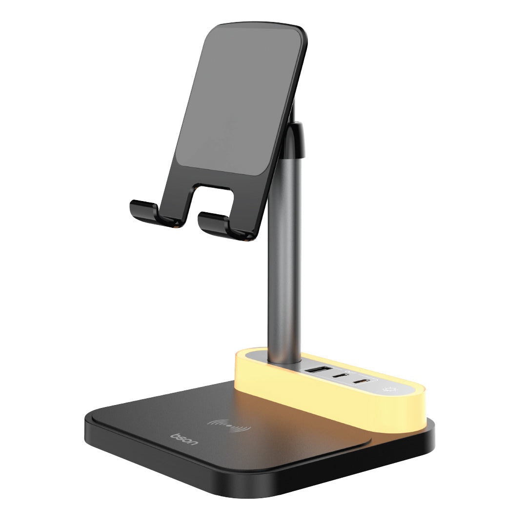 Bson Wireless Power Deck, 15W Fast Qi Wireless Charger with 4 Charging Ports & Adjustable Night Lantern, All-in-One Charging Station