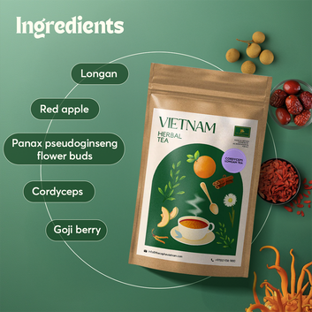 The Caphe Vietnam Cordyceps Longan Herbal Tea - 20 Sachets | Premium Tea | Immunity Boosting | Vietnamese Logan Tea, Easy To Brew