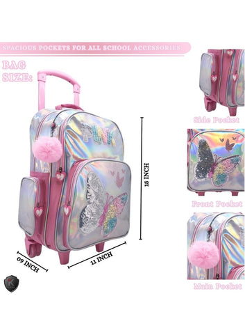 i-kola Pink Butterfly 15-Inch Shining PU 3PCS Trolley Set for Girls & Boys – Rolling School Bag with Lunch Bag, Pencil Case, Side Bottle Holder,School Bag With Trolley (B861-15T3)