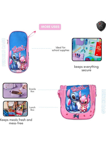 i-kola 3pcs Stitch Pink Kids Rolling School Bag Set – School Trolley Bag with Lunch Bag & Pencil Case | 18″ Kid Luggage Bag with Wheels (E923-18BW3)
