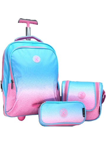 i-kola Blueish Pink 3pcs Kids Rolling School Bag Set – 16″ Trolley Backpack with Wheels, Spill-Proof Lunch Bag & Pencil Case – Telescopic Handle, Bottle Holder (E658-16BW3)