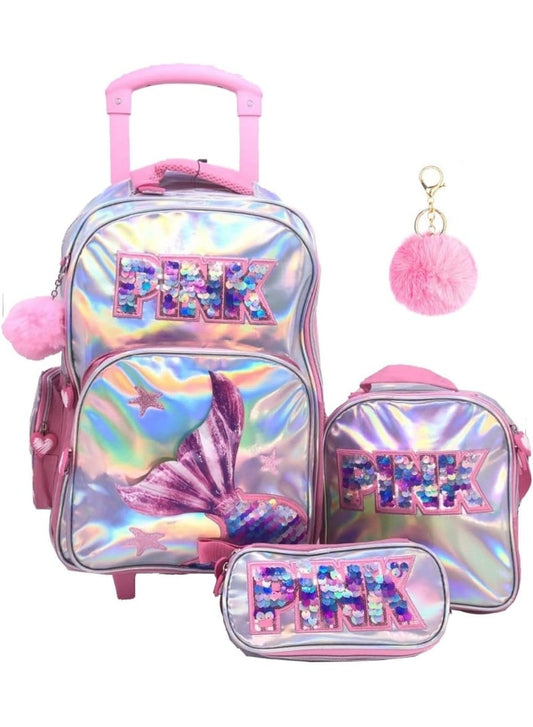 i-kola Pink-MMR 15-Inch Shining PU 3PCS Trolley Set for Girls & Boys – Rolling School Bag with Lunch Bag, Pencil Case, Side Bottle Holder,School Bag With Trolley (B865-15T3)