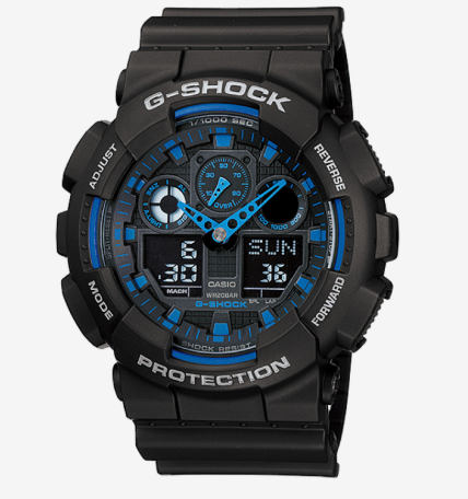 Casio G-Shock GA-100-1A2DR Analog/Digital Watch – Rugged Performance with Bold Blue Design for UAE