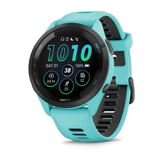 Garmin Forerunner 265 Smartwatch – Black Bezel with Aqua Case and Aqua/Black Silicone Band for UAE