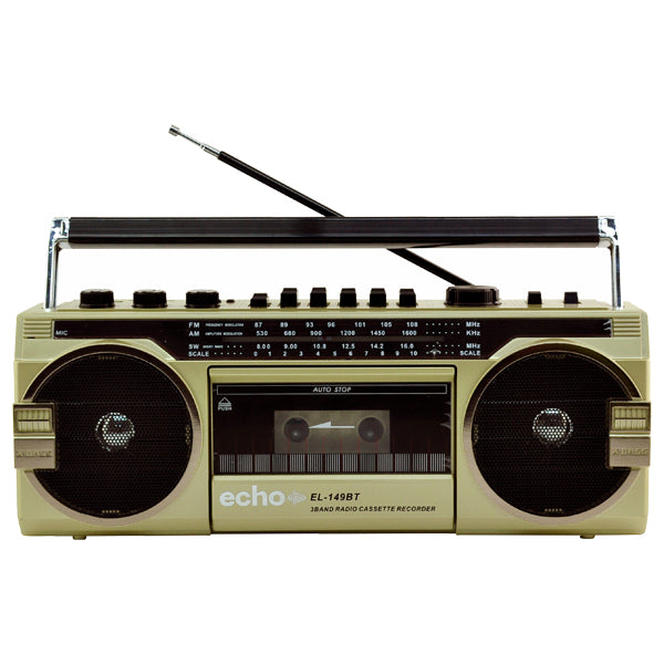 Echo Audio  Retro Blast Bluetooth Boombox Portable Cassette Player Tape Recorder 3 Band Radio Voice Recorder Headphone Jack Supports USB and SD Cards  Gold