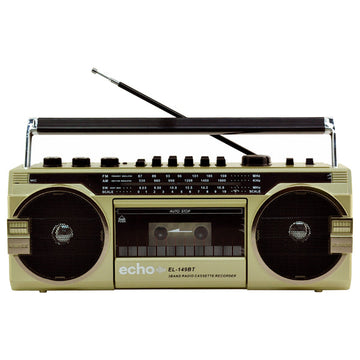 Echo Audio  Retro Blast Bluetooth Boombox Portable Cassette Player Tape Recorder 3 Band Radio Voice Recorder Headphone Jack Supports USB and SD Cards  Gold