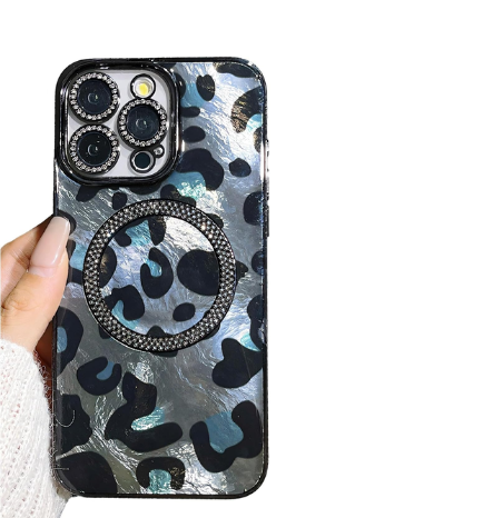 iPhone Case,Glitter Diamond Magnetic,Laser Cheetah Leopard Print Pattern, Electroplated Compatible with Magsafe Military Grade Protection Shockproof Phone Case