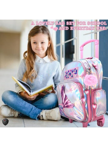 i-kola Pink-MMR 15-Inch Shining PU 3PCS Trolley Set for Girls & Boys – Rolling School Bag with Lunch Bag, Pencil Case, Side Bottle Holder,School Bag With Trolley (B865-15T3)