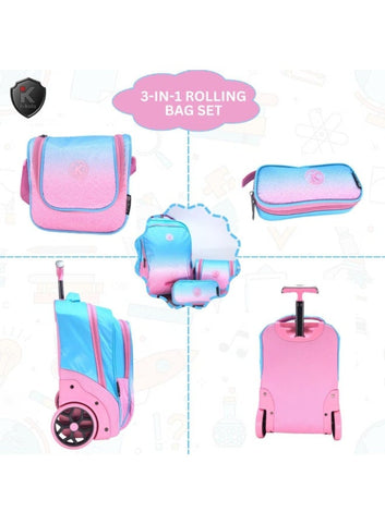 i-kola Blueish Pink 3pcs Kids Rolling School Bag Set – 16″ Trolley Backpack with Wheels, Spill-Proof Lunch Bag & Pencil Case – Telescopic Handle, Bottle Holder (E658-16BW3)