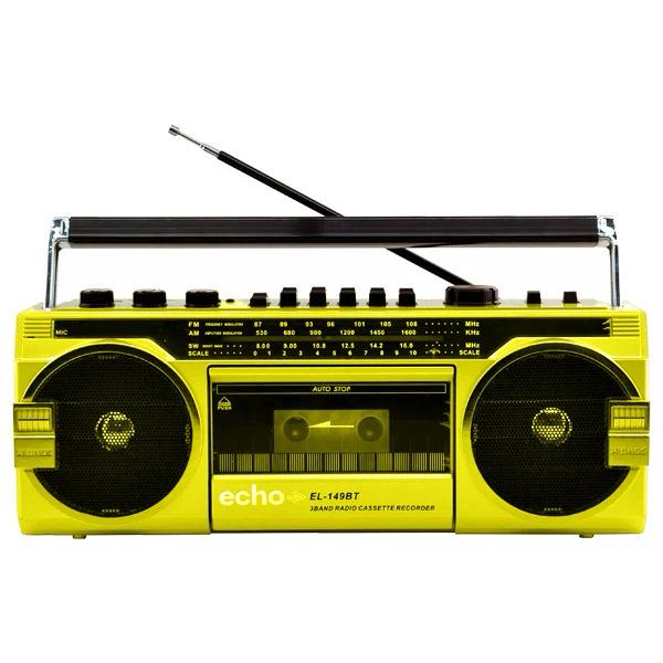 Echo Audio  Retro Blast Bluetooth Boombox Portable Cassette Player Tape Recorder 3 Band Radio Voice Recorder Headphone Jack Supports USB and SD Cards  Yellow