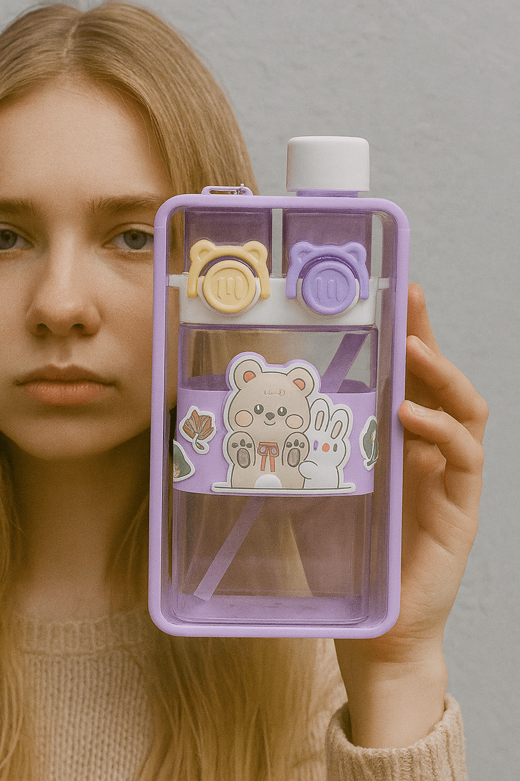 Cute Bear & Bunny Square Water Bottle