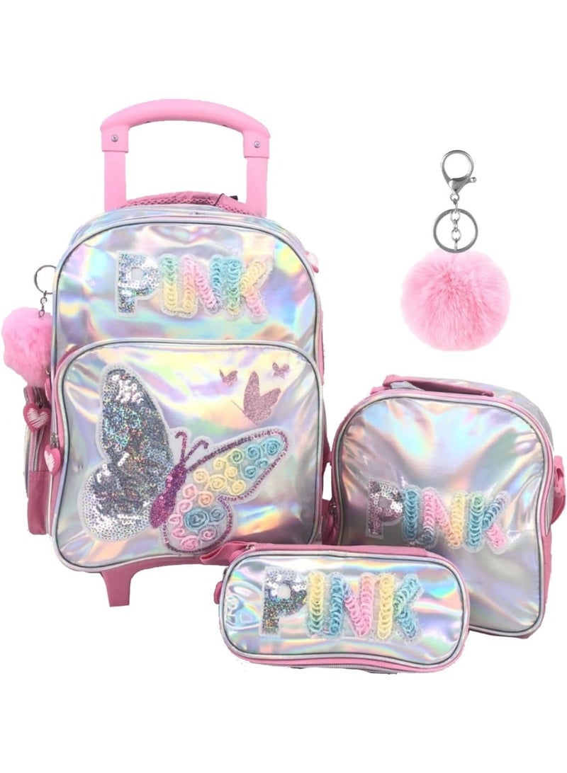 i-kola Pink Butterfly 15-Inch Shining PU 3PCS Trolley Set for Girls & Boys – Rolling School Bag with Lunch Bag, Pencil Case, Side Bottle Holder,School Bag With Trolley (B861-15T3)