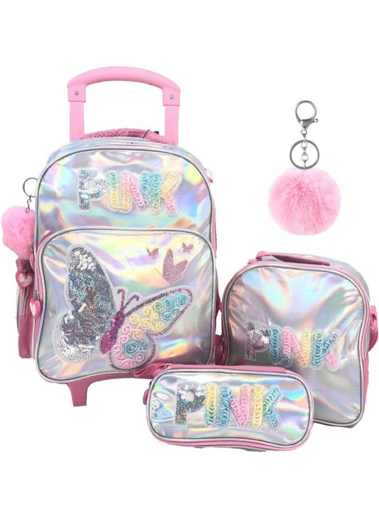 i-kola Pink Butterfly 15-Inch Shining PU 3PCS Trolley Set for Girls & Boys – Rolling School Bag with Lunch Bag, Pencil Case, Side Bottle Holder,School Bag With Trolley (B861-15T3)