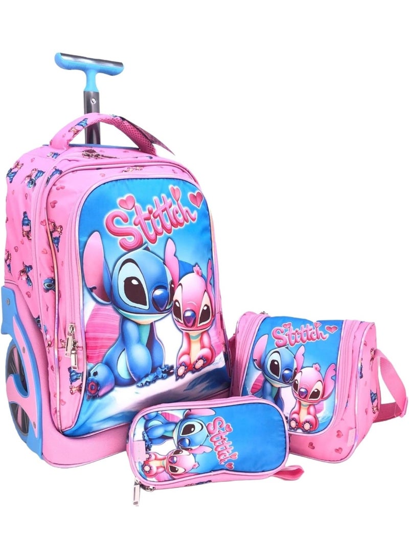 i-kola 3pcs Stitch Pink Kids Rolling School Bag Set – School Trolley Bag with Lunch Bag & Pencil Case | 18″ Kid Luggage Bag with Wheels (E923-18BW3)