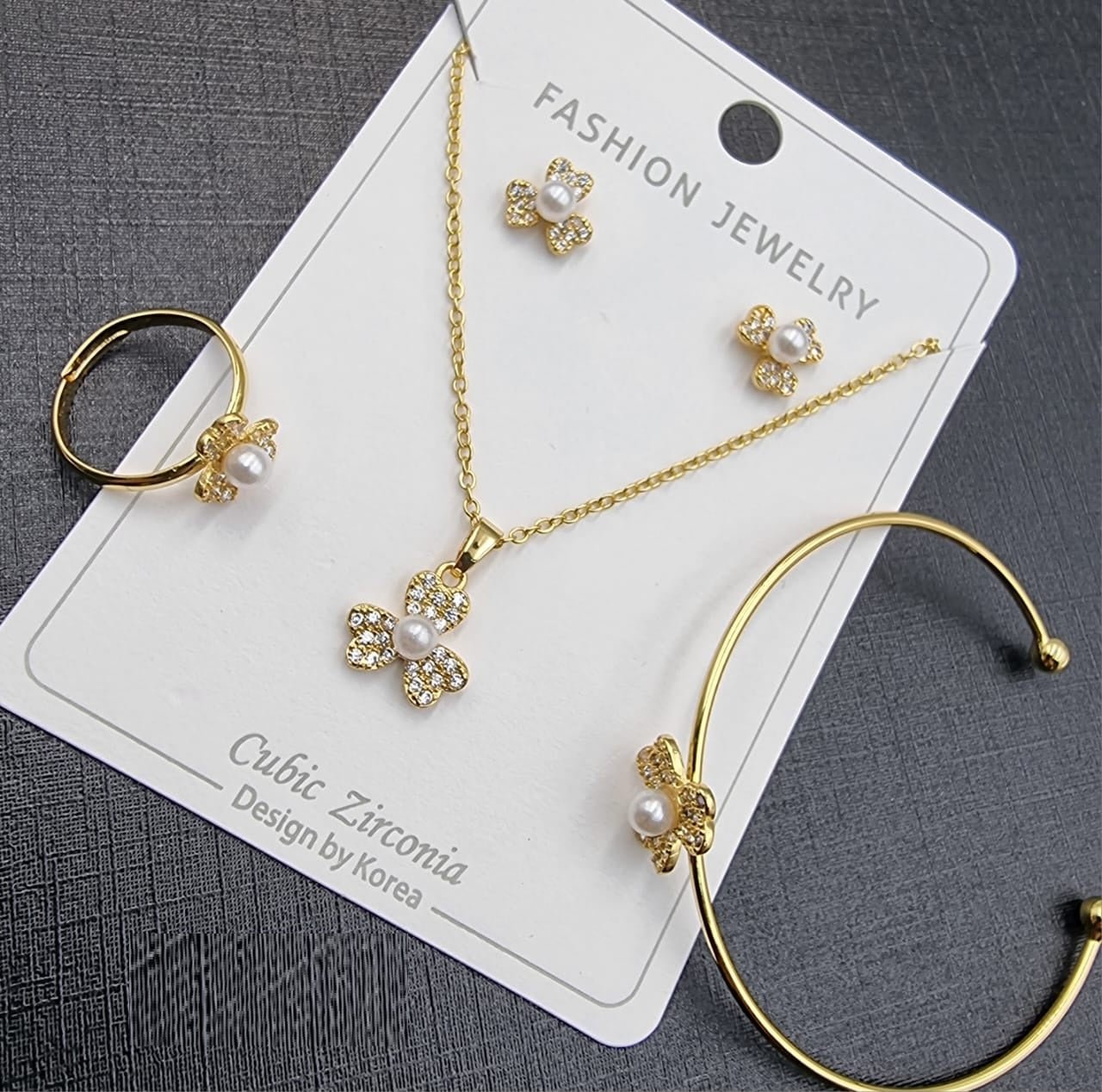 Gold Pearl Flower Cubic Zirconia Jewelry Set