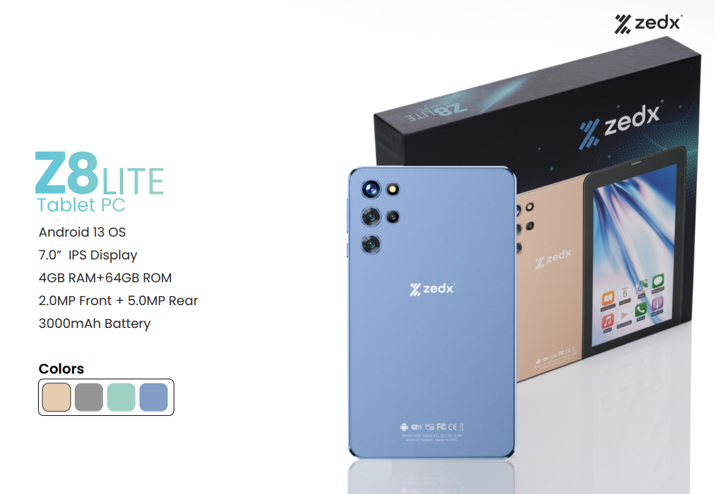 Zedx Z8 Lite Android 13 OS 7.0” IPS Display 4GB RAM+64GB ROM 2.0MP Front + 5.0MP Rear 3000mAh Battery