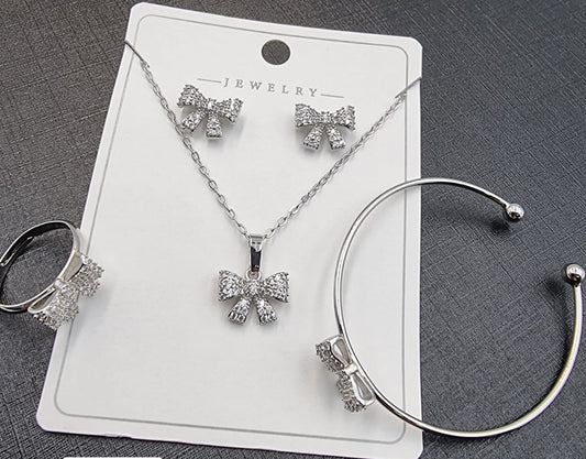 Silver Bow Tie Crystal Jewelry Set