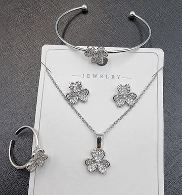 Silver Clover Crystal Jewelry Set with Bracelet