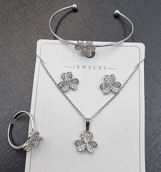 Silver Clover Crystal Jewelry Set with Bracelet