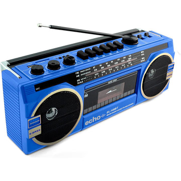 Echo Audio  Retro Blast Bluetooth Boombox Portable Cassette Player Tape Recorder 3 Band Radio Voice Recorder Headphone Jack Supports USB and SD Cards  Blue