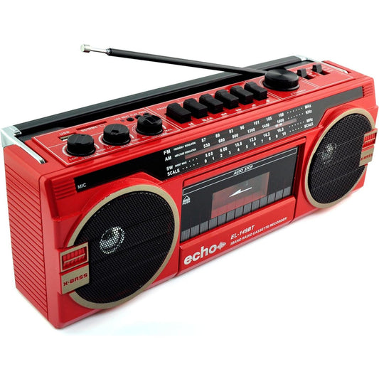 Echo Audio  Retro Blast Bluetooth Boombox Portable Cassette Player Tape Recorder 3 Band Radio Voice Recorder Headphone Jack Supports USB and SD Cards  Red